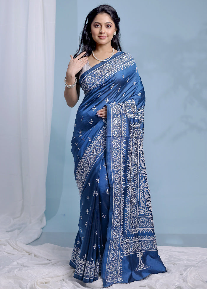 Blue Kantha Stitch Pure Silk Saree With Blouse Piece - Indian Silk House Agencies