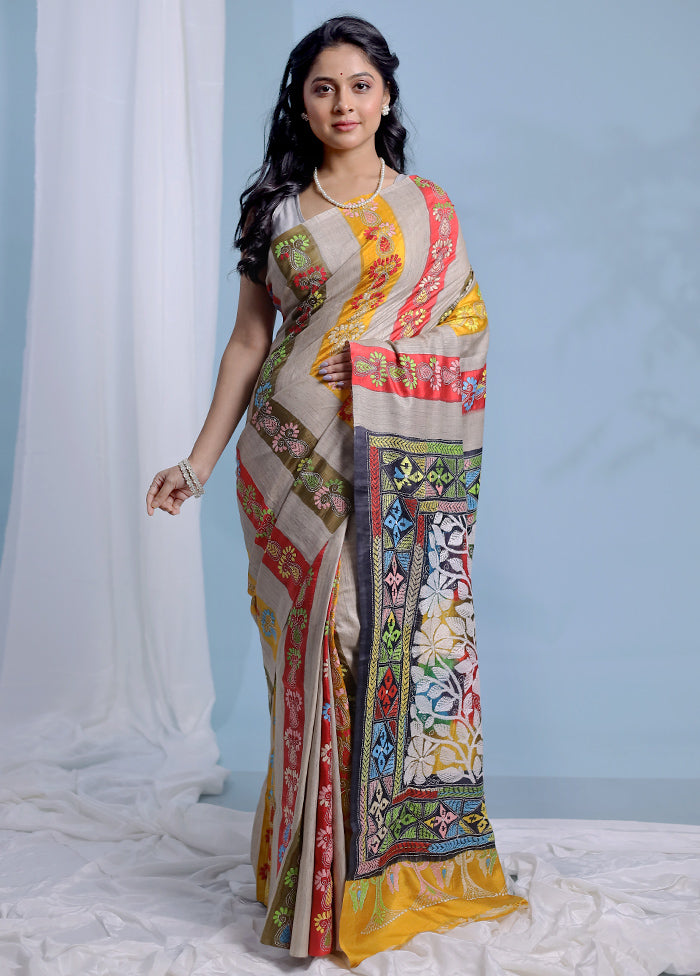 Multicolor Kantha Stitch Pure Silk Saree With Blouse Piece
