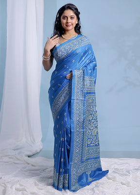Blue Kantha Stitch Pure Silk Saree With Blouse Piece - Indian Silk House Agencies