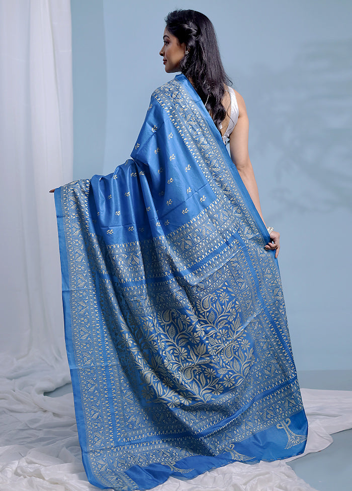 Blue Kantha Stitch Pure Silk Saree With Blouse Piece - Indian Silk House Agencies