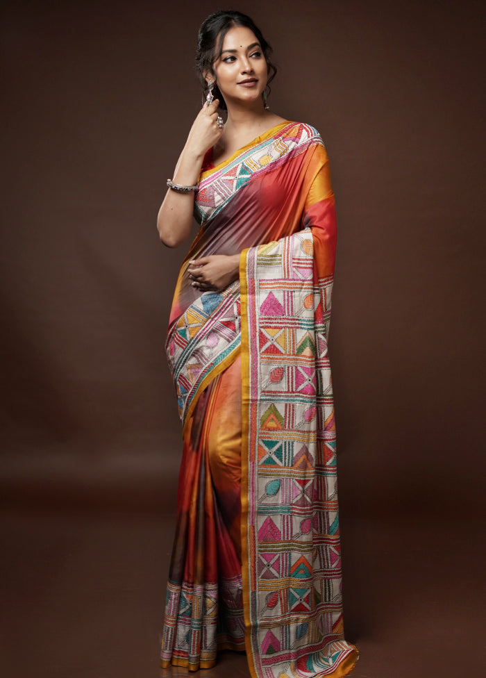 Red Kantha Stitch Pure Silk Saree With Blouse Piece - Indian Silk House Agencies