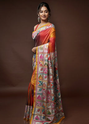 Red Kantha Stitch Pure Silk Saree With Blouse Piece