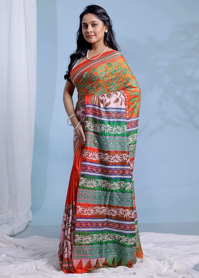 Multicolor Kantha Stitch Pure Silk Saree With Blouse Piece - Indian Silk House Agencies