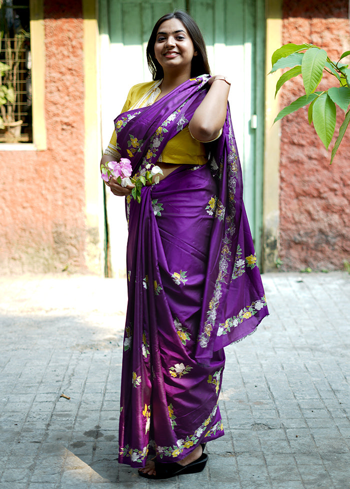 Purple Kantha Stitch Pure Silk Saree With Blouse Piece - Indian Silk House Agencies
