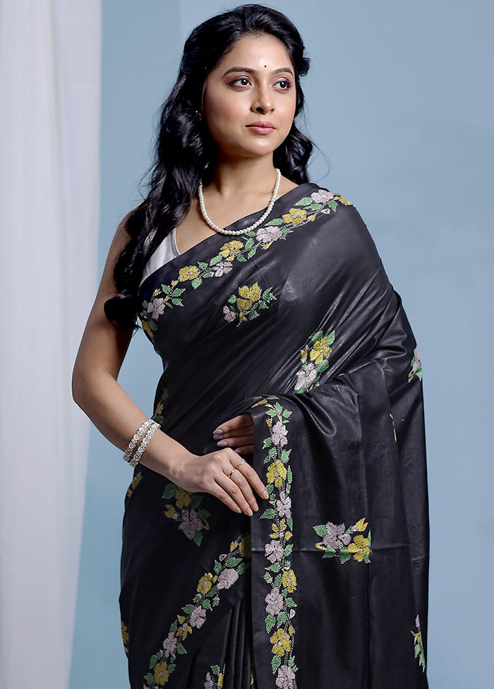 Black Kantha Stitch Pure Silk Saree With Blouse Piece - Indian Silk House Agencies