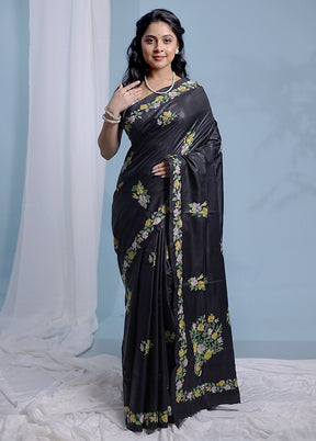 Black Kantha Stitch Pure Silk Saree With Blouse Piece