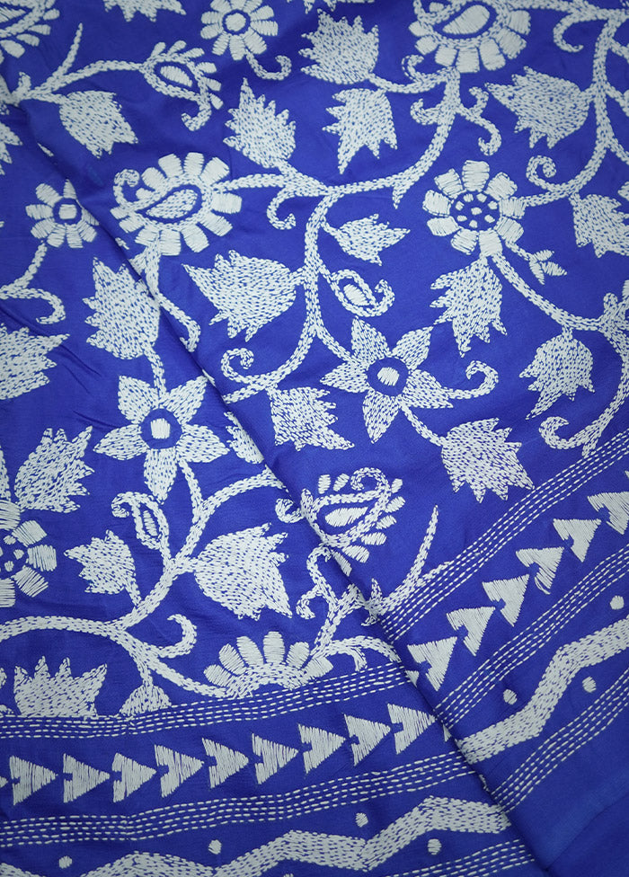Blue Kantha Stitch Pure Silk Saree With Blouse Piece