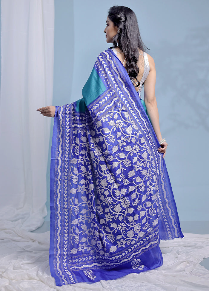 Blue Kantha Stitch Pure Silk Saree With Blouse Piece - Indian Silk House Agencies