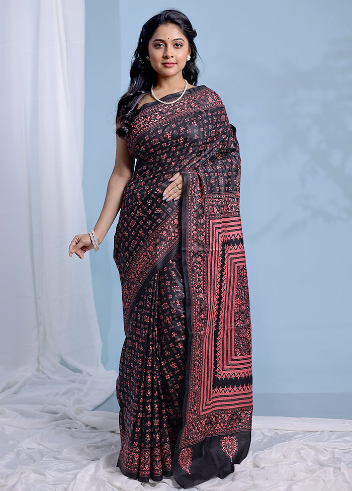 Black Kantha Stitch Pure Silk Saree With Blouse Piece