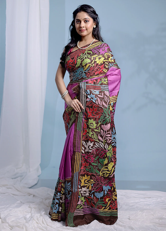 Brown Kantha Stitch Pure Silk Saree With Blouse Piece