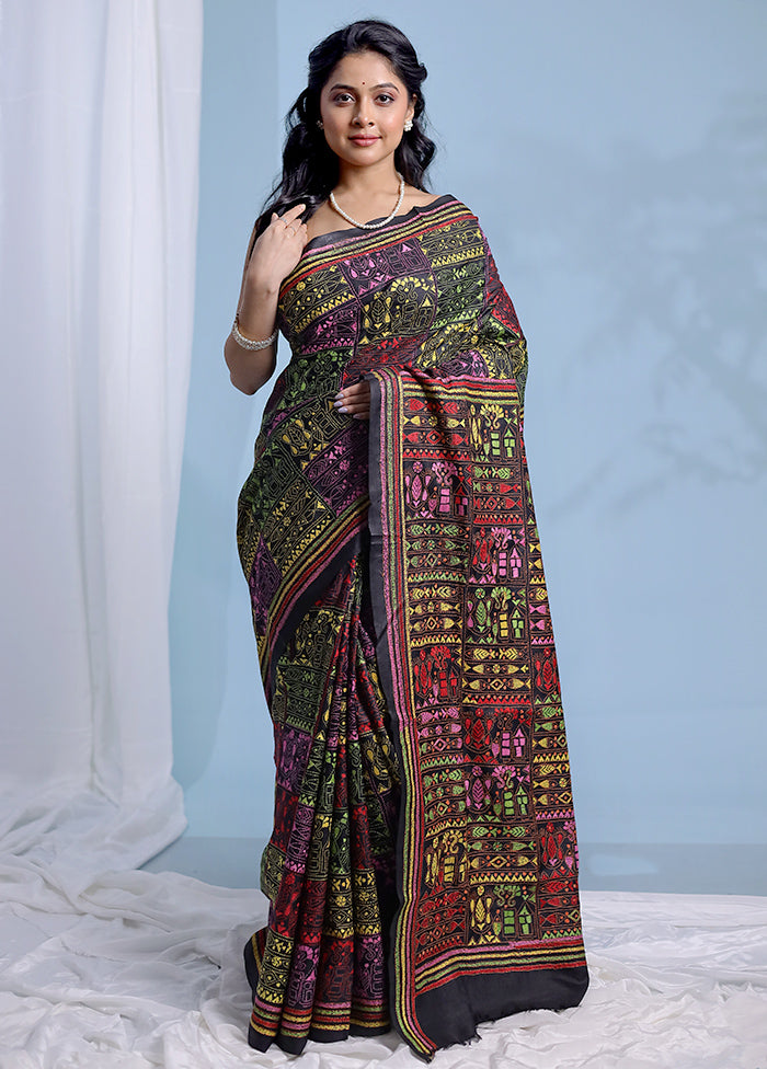 Black Kantha Stitch Pure Silk Saree With Blouse Piece - Indian Silk House Agencies