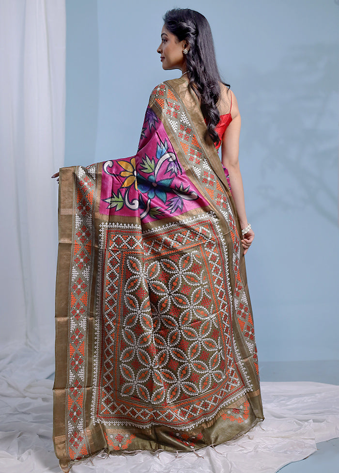 Multicolor Kantha Stitch Pure Silk Saree With Blouse Piece - Indian Silk House Agencies