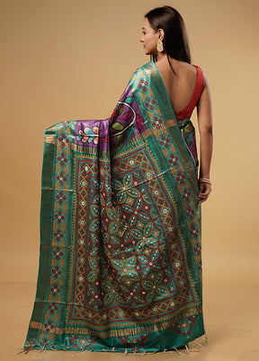 Purple Kantha Stitch Pure Silk Saree With Blouse Piece