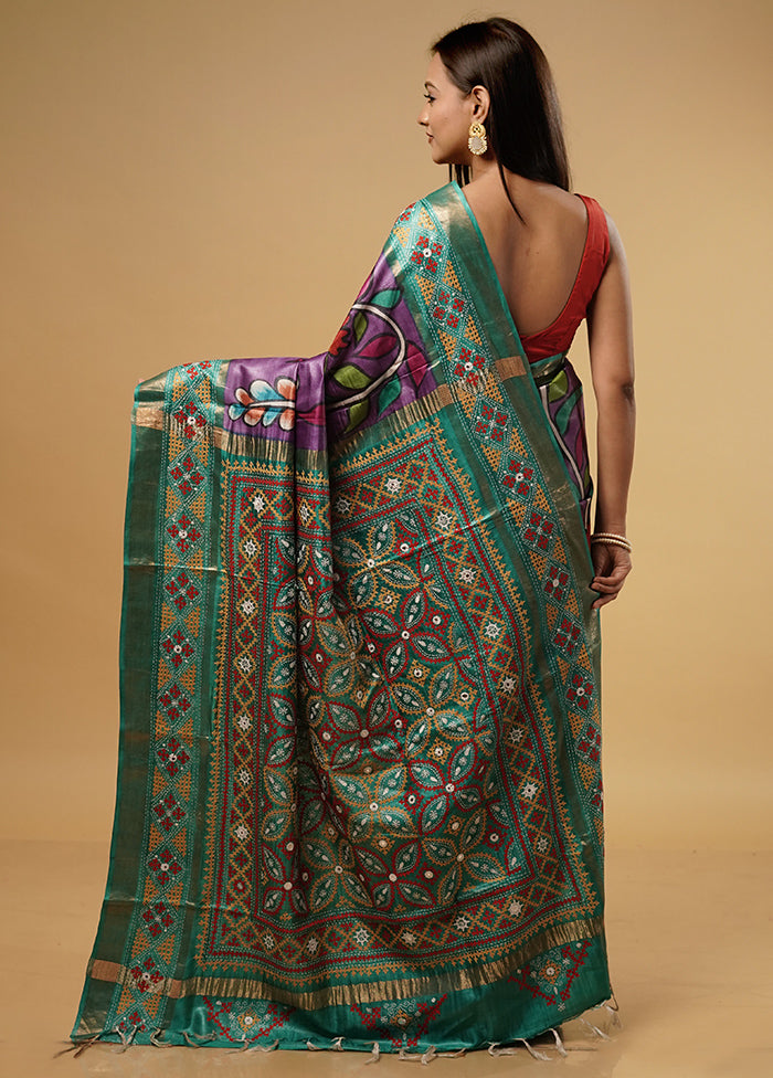 Purple Kantha Stitch Pure Silk Saree With Blouse Piece - Indian Silk House Agencies