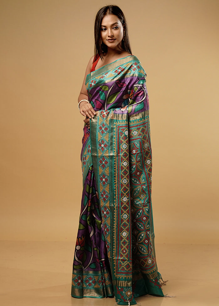 Purple Kantha Stitch Pure Silk Saree With Blouse Piece