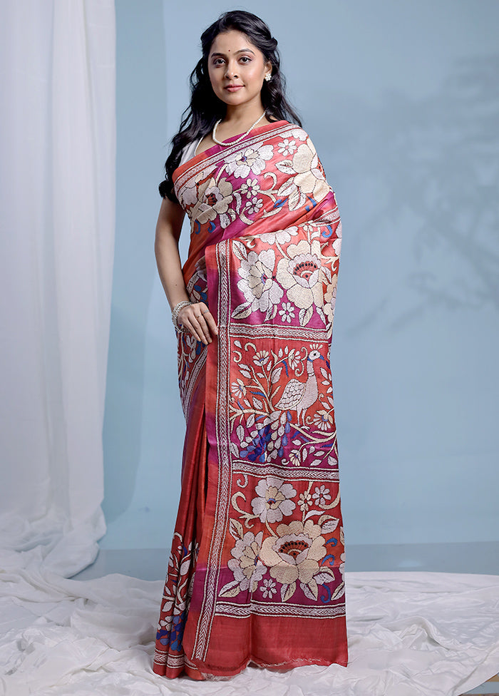 Red Kantha Stitch Pure Silk Saree With Blouse Piece