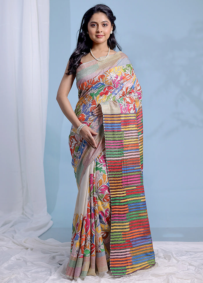 Multicolor Kantha Stitch Pure Silk Saree With Blouse Piece