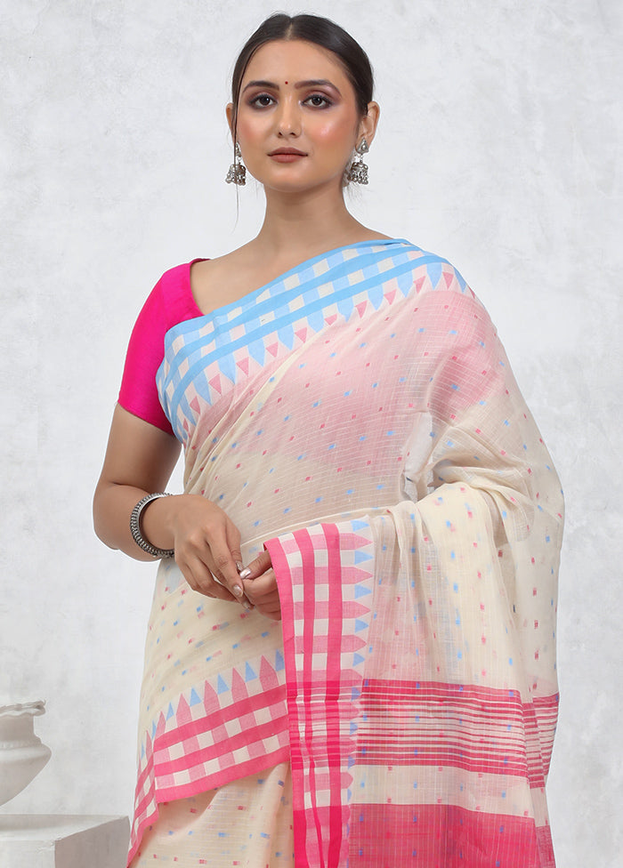 Cream Khadi Cotton Saree With Blouse Piece