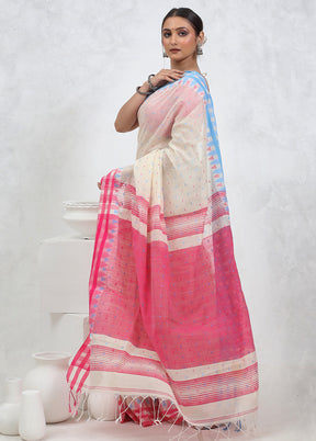 Cream Khadi Cotton Saree With Blouse Piece