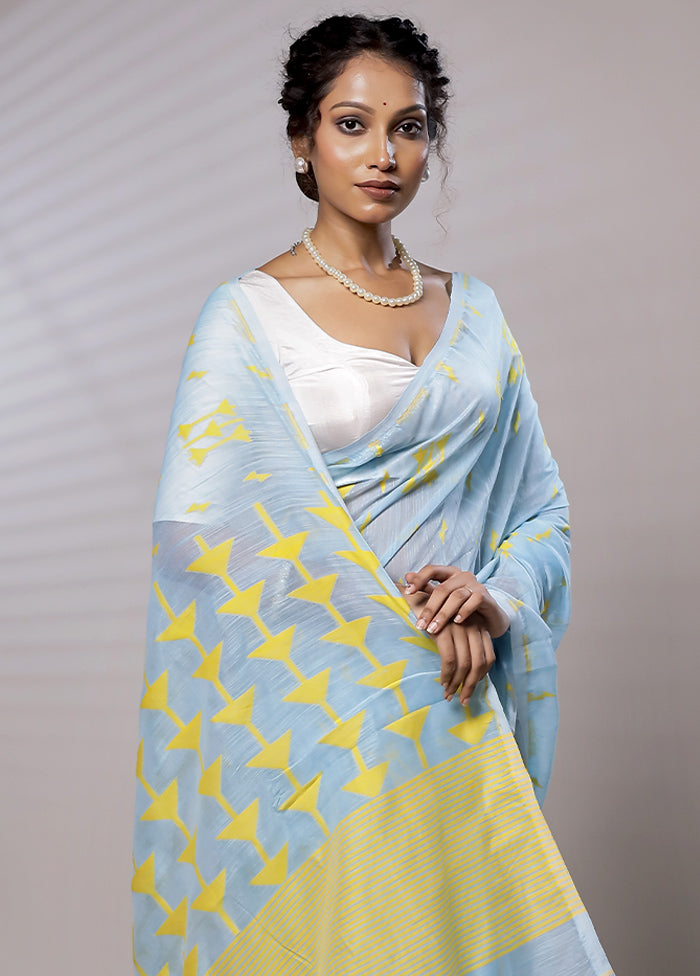 Blue Khadi Cotton Saree With Blouse Piece