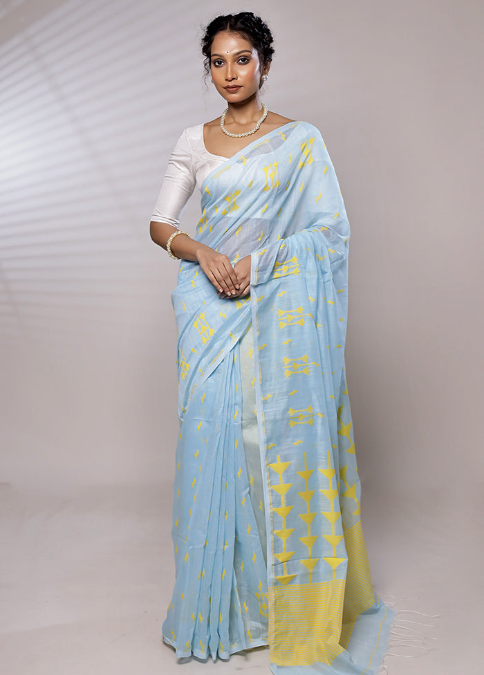 Blue Khadi Cotton Saree With Blouse Piece