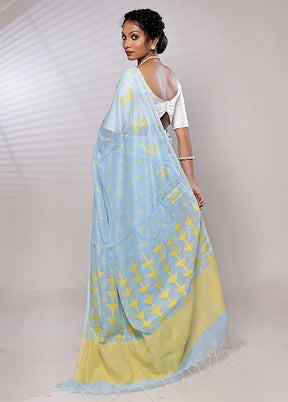 Blue Khadi Cotton Saree With Blouse Piece