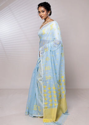 Blue Khadi Cotton Saree With Blouse Piece