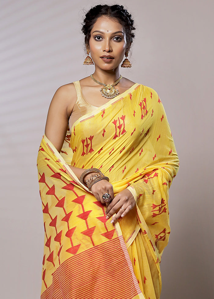 Yellow Khadi Cotton Saree With Blouse Piece