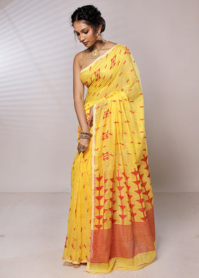 Yellow Khadi Cotton Saree Without Blouse Piece
