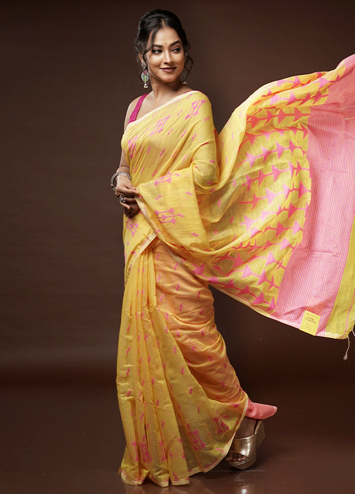 Yellow Khadi Cotton Saree With Blouse Piece - Indian Silk House Agencies