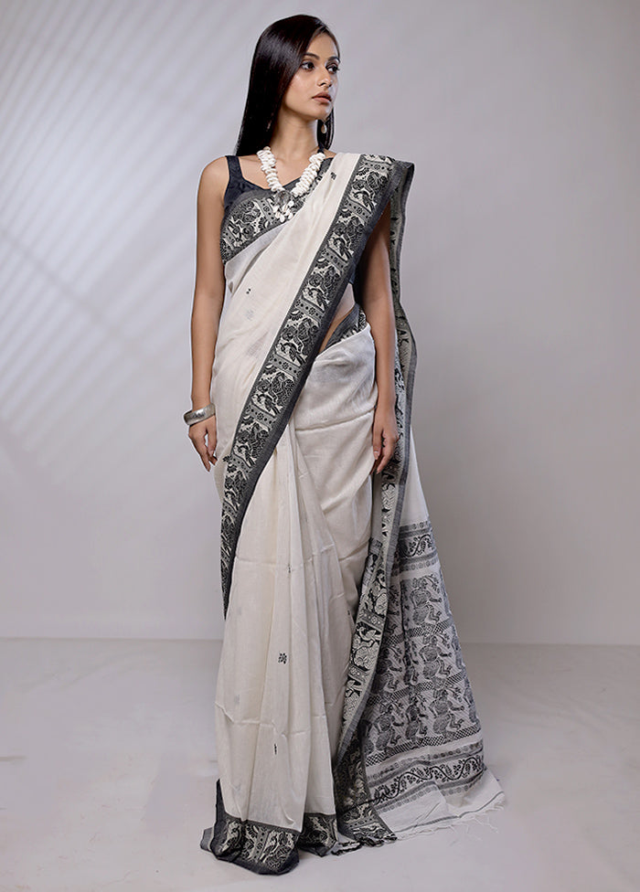 White Khaddi Banarasi Silk Saree With Blouse Piece