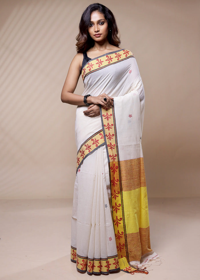 Cream Pure Khadi Cotton Saree Without Blouse Piece - Indian Silk House Agencies