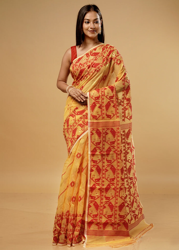 Yellow Tant Jamdani Saree Without Blouse Piece - Indian Silk House Agencies