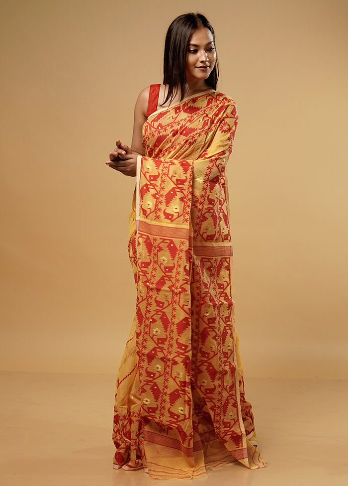 Yellow Tant Jamdani Saree Without Blouse Piece - Indian Silk House Agencies