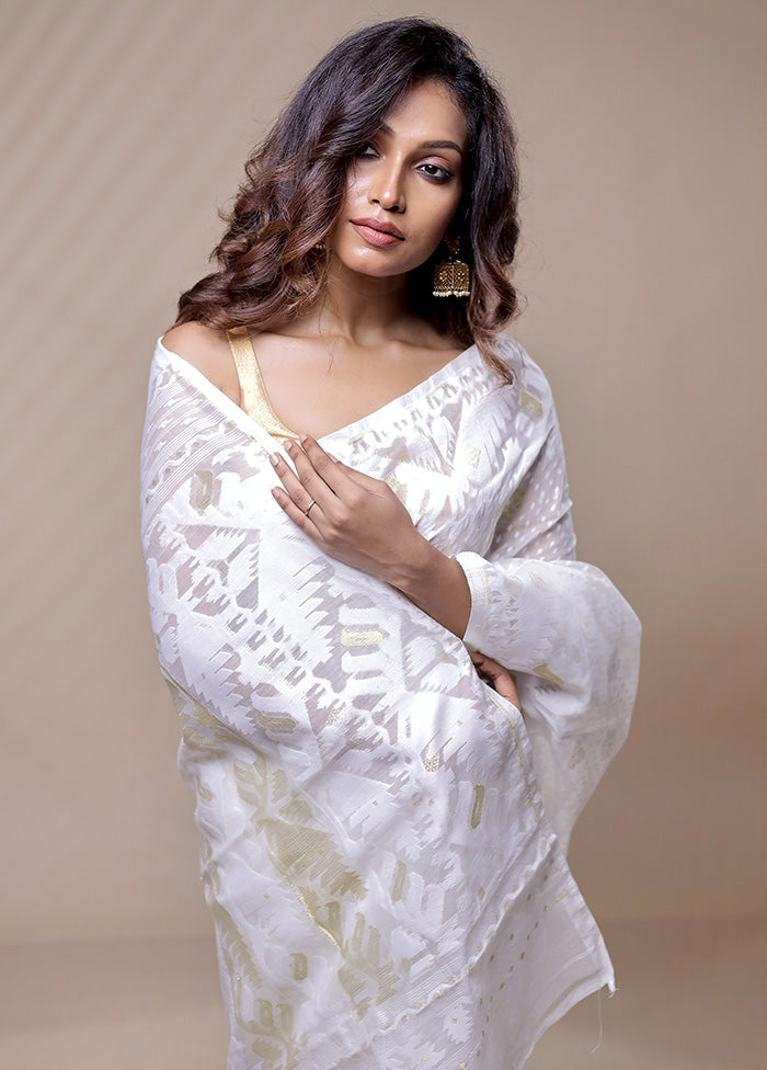 White Tant Jamdani Saree Without Blouse Piece - Indian Silk House Agencies