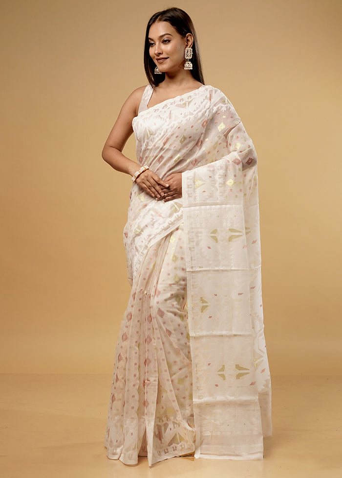 White Tant Jamdani Saree Without Blouse Piece