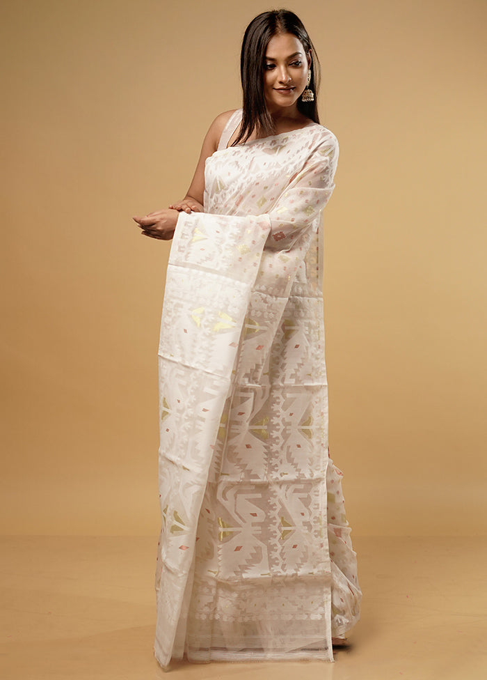 White Tant Jamdani Saree Without Blouse Piece