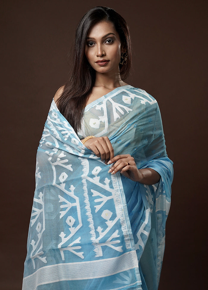 Blue Tant Jamdani Saree Without Blouse Piece