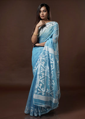 Blue Tant Jamdani Saree Without Blouse Piece