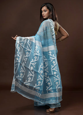 Blue Tant Jamdani Saree Without Blouse Piece