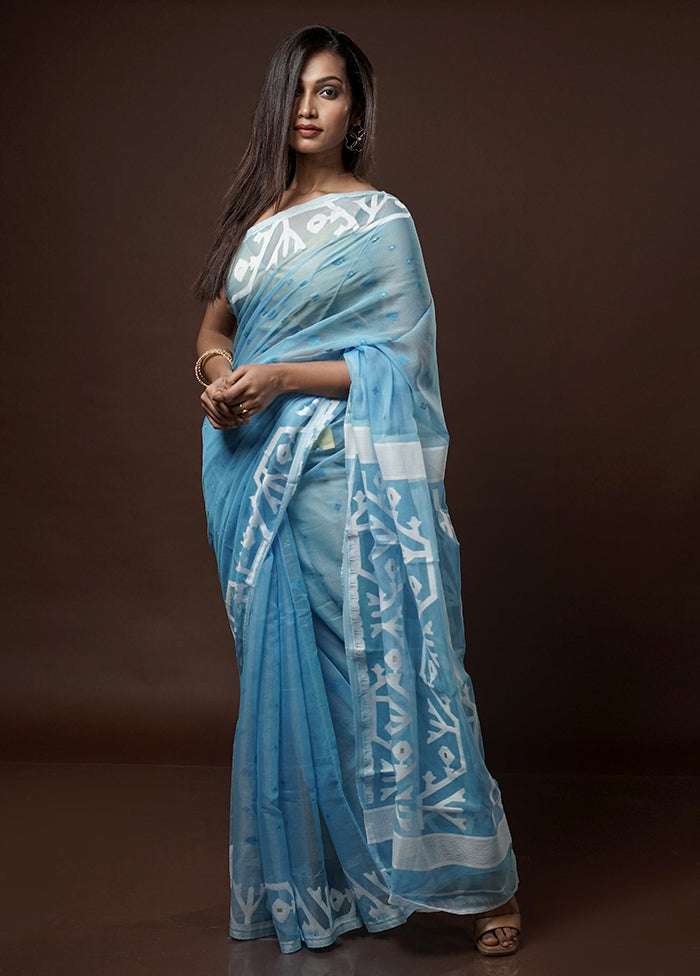 Blue Tant Jamdani Saree Without Blouse Piece