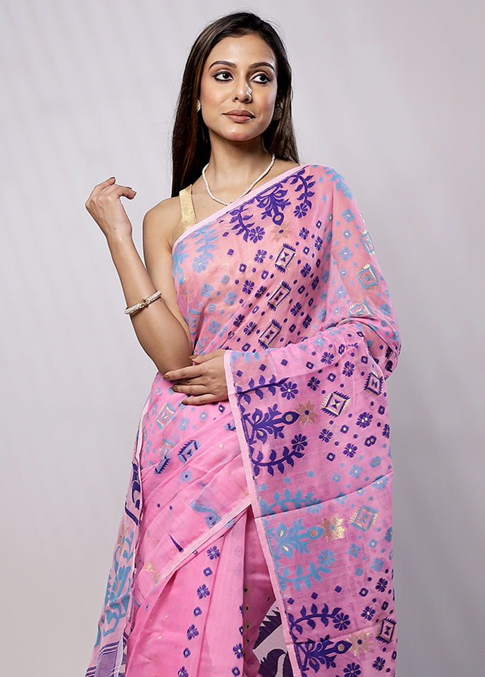 Pink Tant Jamdani Saree Without Blouse Piece - Indian Silk House Agencies