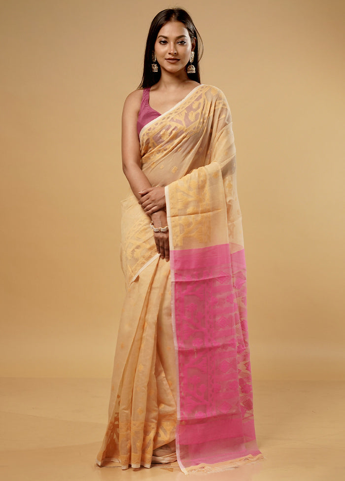 Cream Tant Jamdani Saree Without Blouse Piece