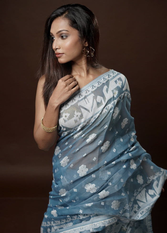 Blue Tant Jamdani Saree Without Blouse Piece - Indian Silk House Agencies