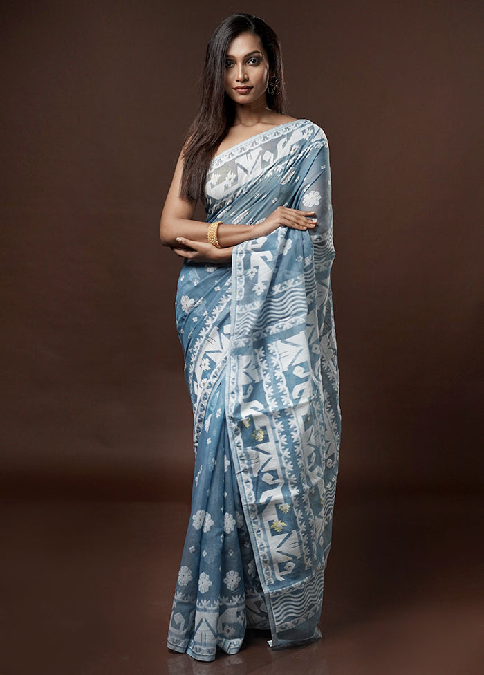 Blue Tant Jamdani Saree Without Blouse Piece