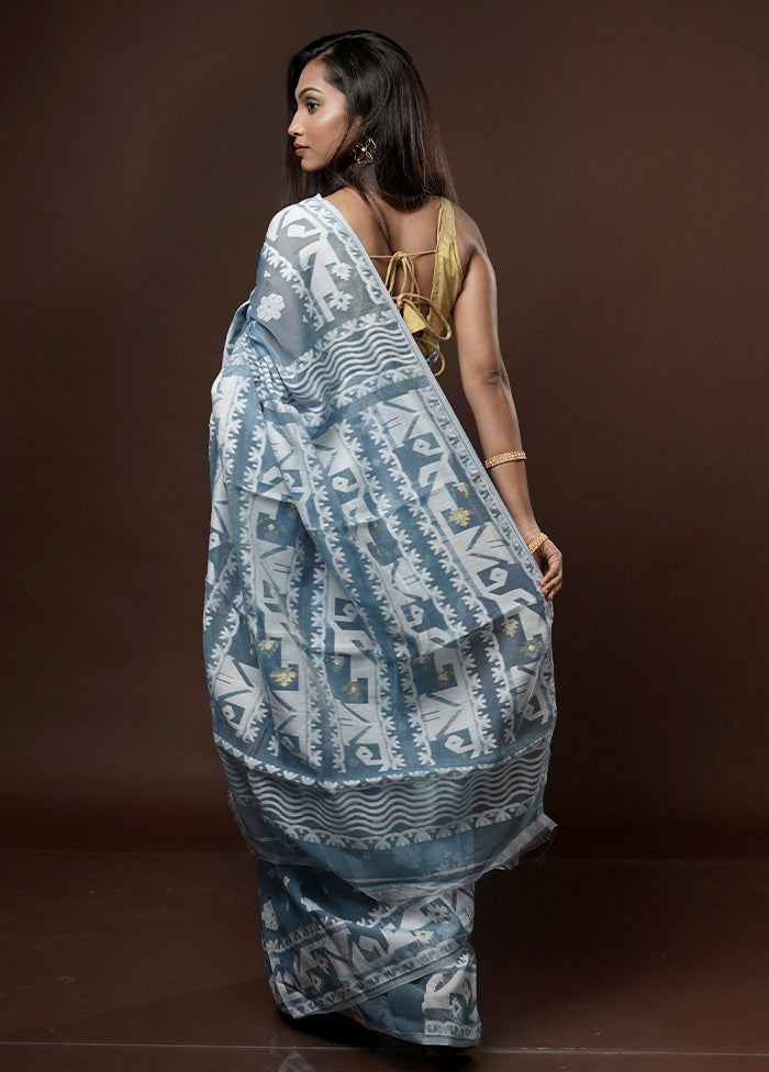 Blue Tant Jamdani Saree Without Blouse Piece - Indian Silk House Agencies