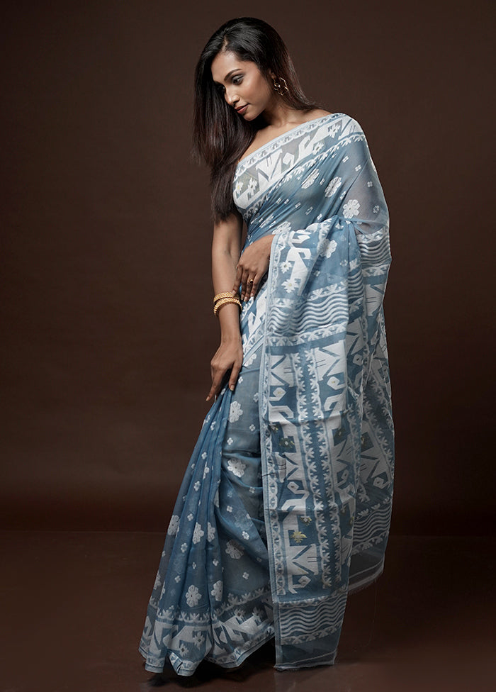 Blue Tant Jamdani Saree Without Blouse Piece - Indian Silk House Agencies