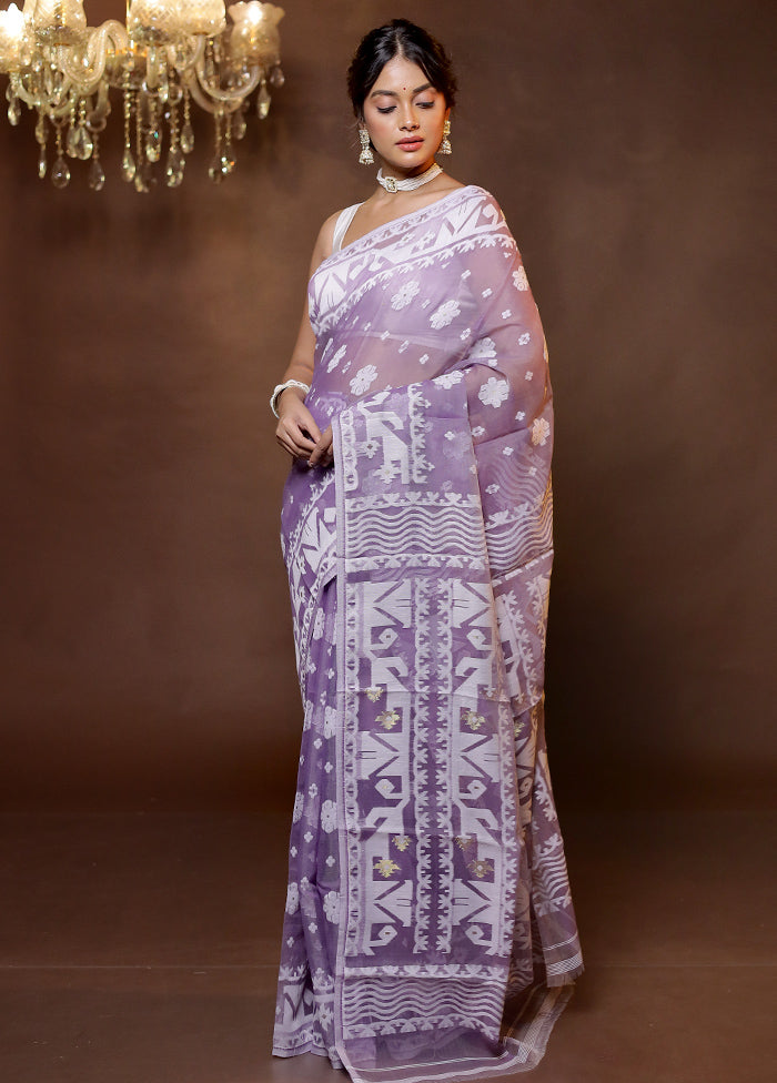 Purple Tant Jamdani Saree Without Blouse Piece