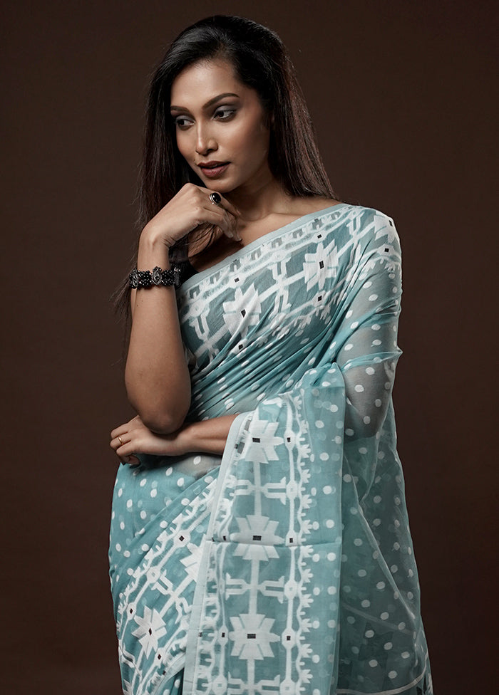 Blue Tant Jamdani Saree Without Blouse Piece