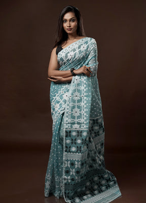 Blue Tant Jamdani Saree Without Blouse Piece - Indian Silk House Agencies